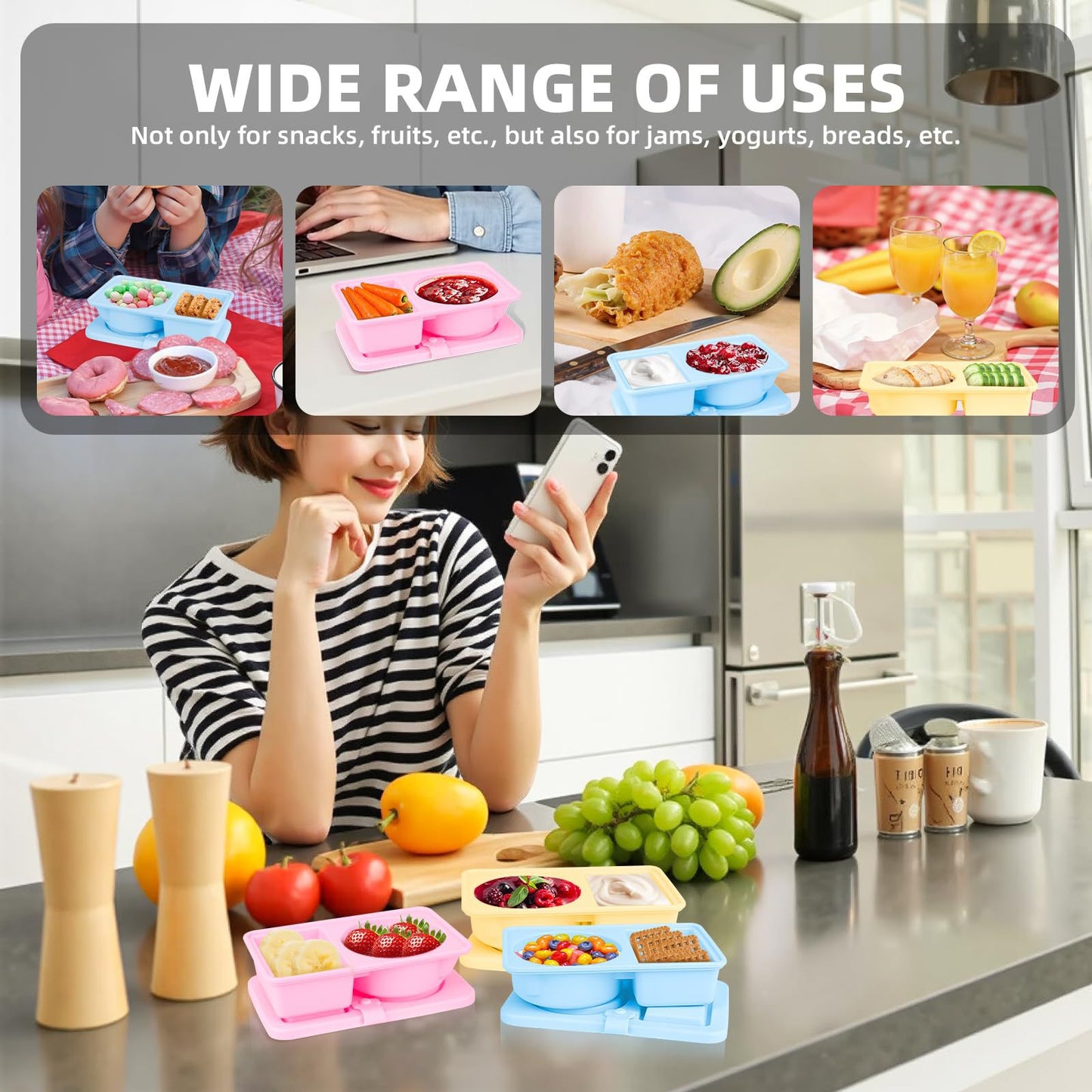3 Pack Silicone Reusable Snack Containers with Lids