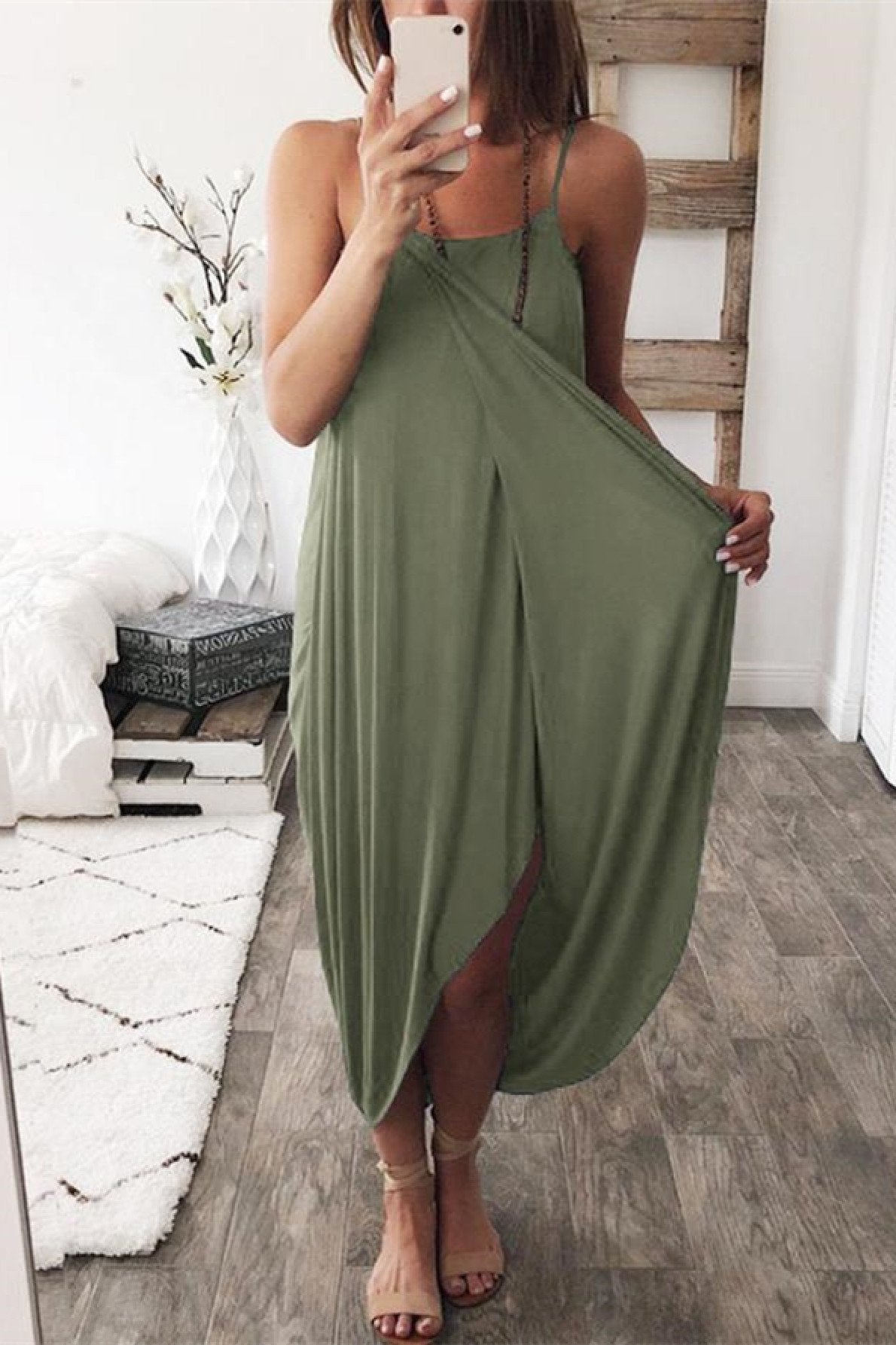 Stunncal Wrapped Split Solid Cami Beach Dress