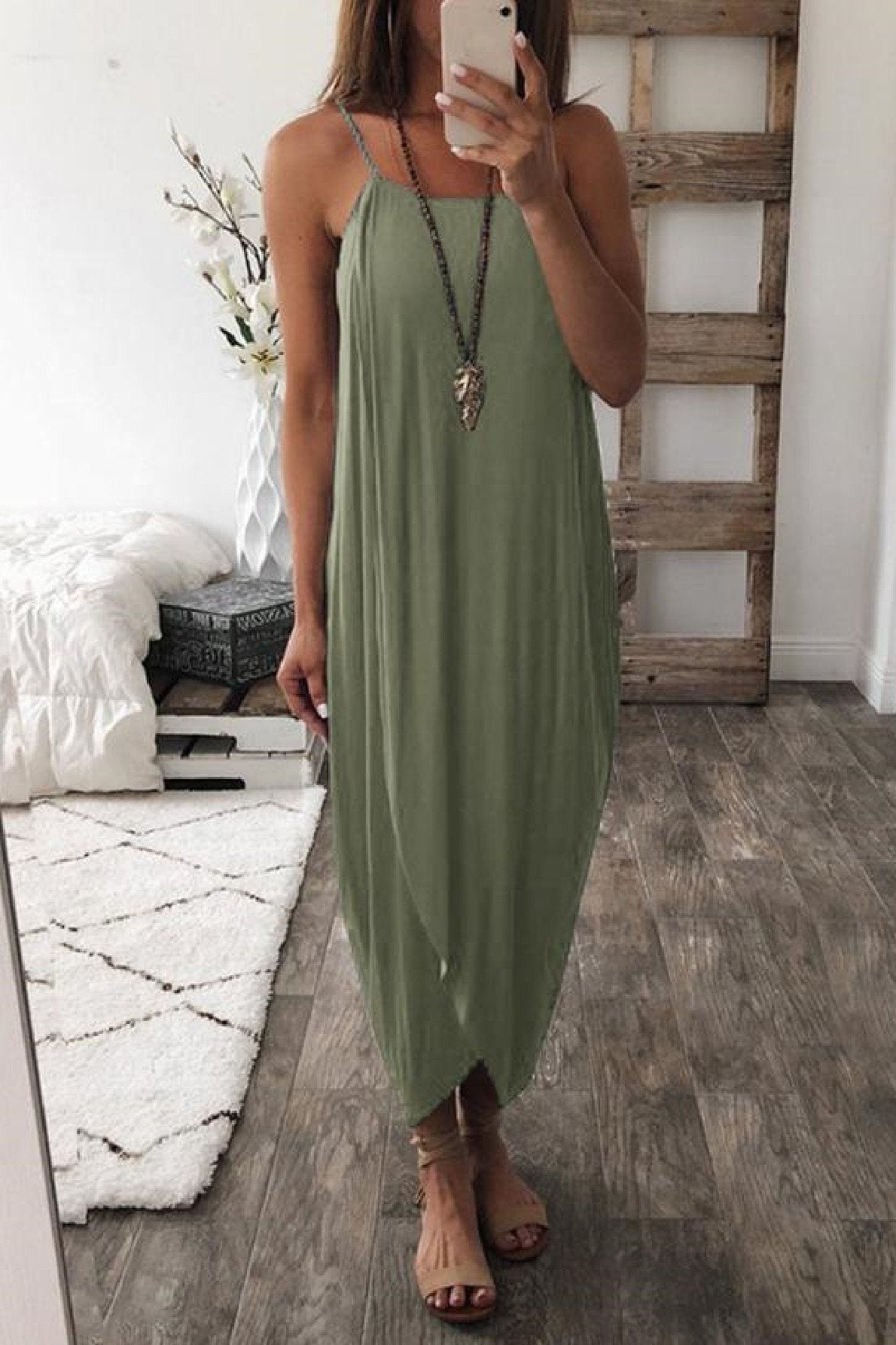 Stunncal Wrapped Split Solid Cami Beach Dress