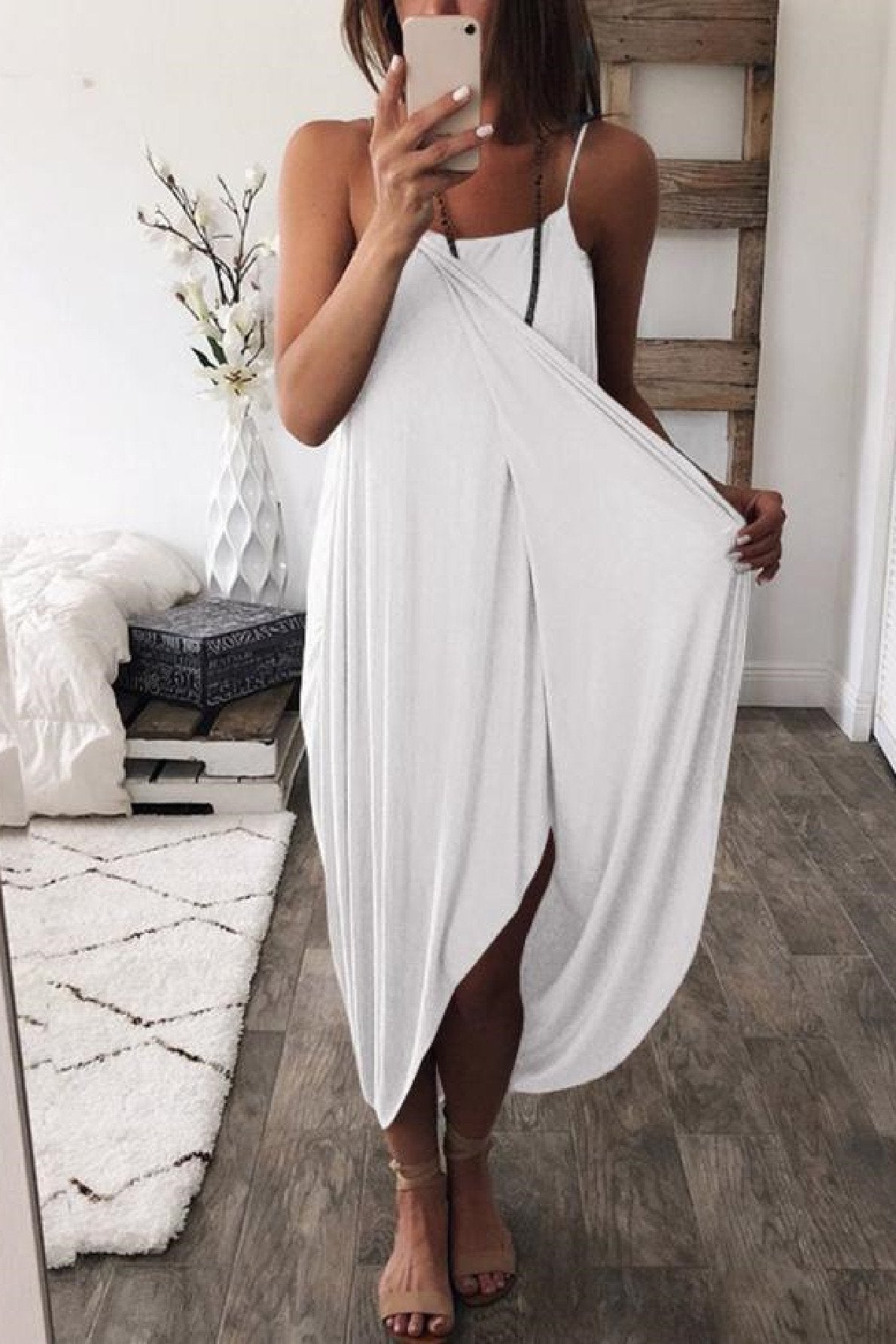Stunncal Wrapped Split Solid Cami Beach Dress