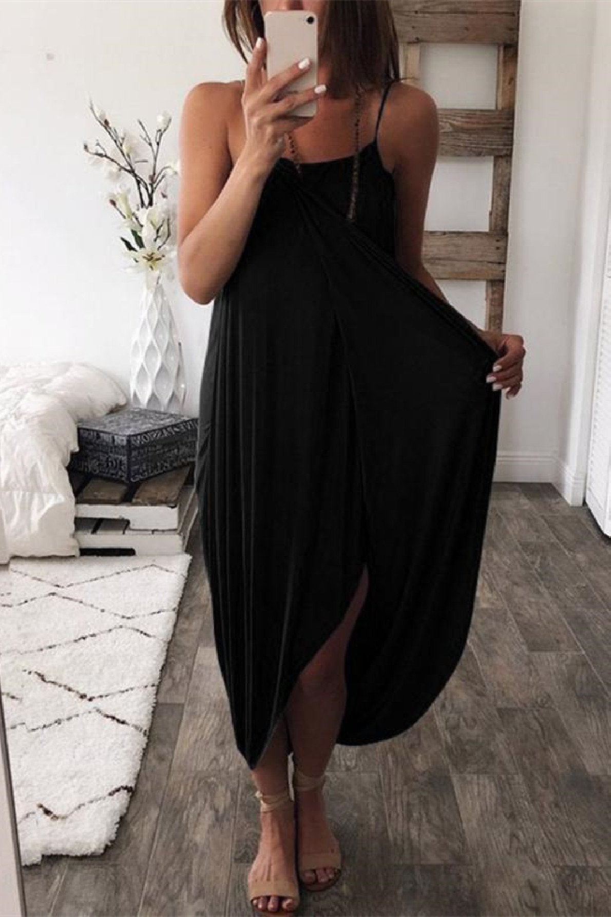 Stunncal Wrapped Split Solid Cami Beach Dress