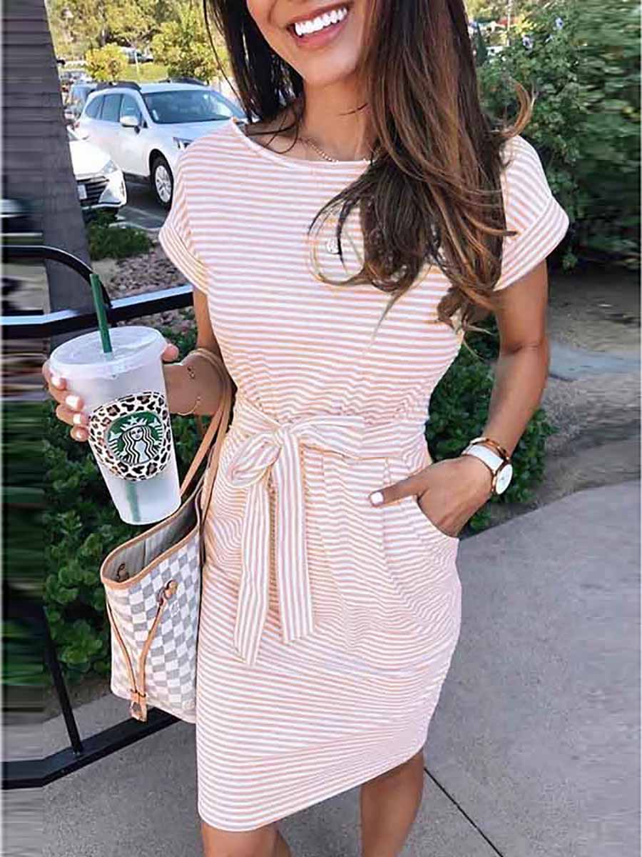 Stunncal Short Sleeve Pinstripe Round Neck Casual Wear Dress