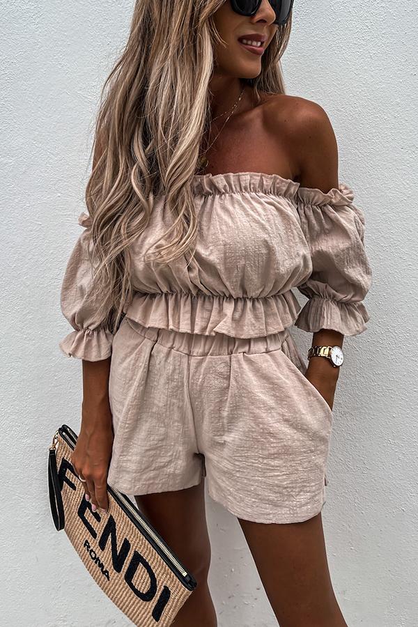 Stunncal Summer Off Shoulder Linen Shorts Suit