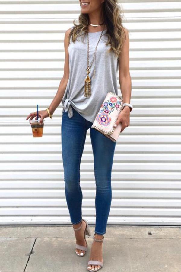 Stunncal Sleeveless Solid Color Round Collar Vest