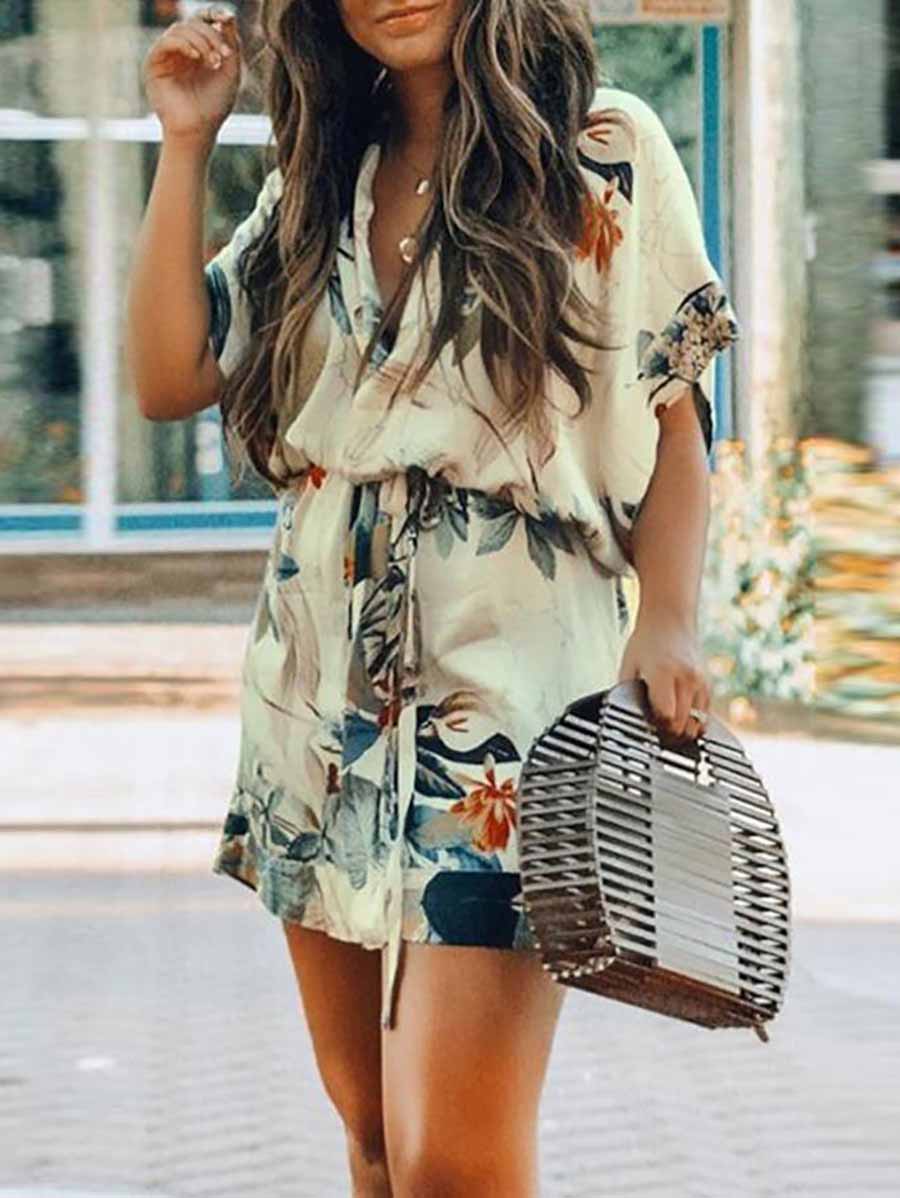Stunncal Short Sleeve Floral Printed Lace-up Dress