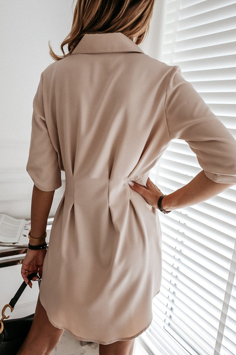 Stunncal Solid Color Shirt Collar Mini Dreess