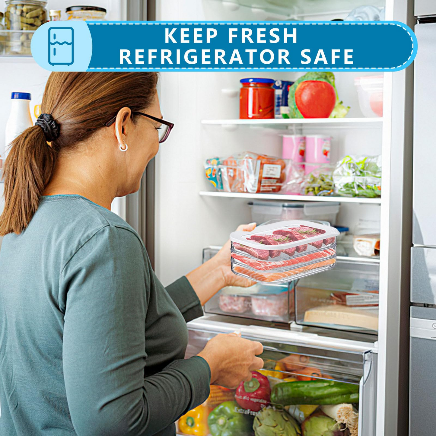 3-Layer Stackable Food Storage Container – Keep Meat, Cheese & Veggies Fresh & Organized