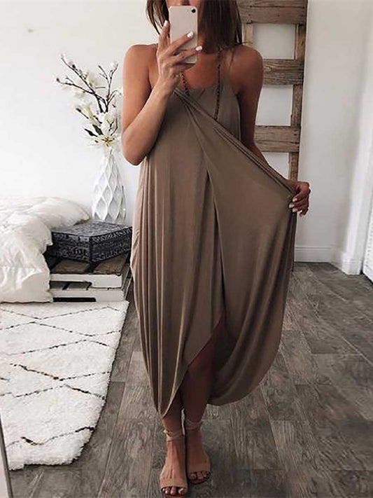 Stunncal Wrapped Split Solid Cami Beach Dress